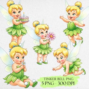 Puede incluir: Cinco ilustraciones de un hada rubia con ojos verdes, vestida con un vestido y alas verdes en forma de hoja. El hada se representa en varias poses, sosteniendo un pastel, una flor y extendiendo la mano. El texto "TINKER BELL PNG 5 PNG - 300 DPI" está en la parte inferior.