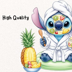 May include: A cartoon character, wearing a spa robe and face mask with fruit slices, holds a wooden spoon. A pineapple and a bowl of fruit sit nearby. The text "High Quality" is in the upper left corner.