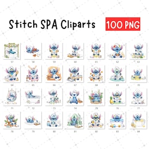 May include: A collection of 100 PNG cliparts featuring the character Stitch in various spa-themed settings. Each image shows Stitch in a spa robe and towel, with spa accessories. The text "Stitch SPA Cliparts" and "100 PNG" are displayed.
