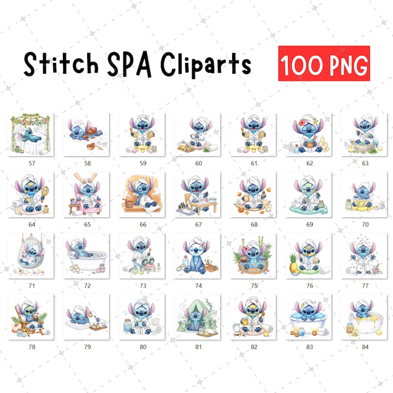 May include: A collection of 100 PNG cliparts featuring the character Stitch in various spa-themed settings. Each image shows Stitch in a spa robe and towel, with spa accessories. The text "Stitch SPA Cliparts" and "100 PNG" are displayed.