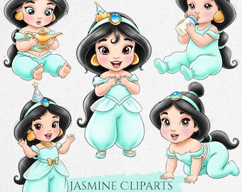 Clipart di Jasmine Baby, Principessa araba PNG, Lampada, Disegno a mano, Arte per bambini carina, Decorazione, Clipart ad acquerello, Jasmine PNG, Principessa carina PNG