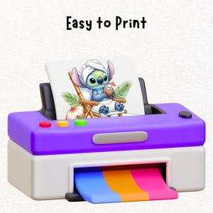 May include: A purple and white printer with a printed image of a cartoon character relaxing on a beach chair. The image has the text "Easy to Print" at the top. The printer is outputting a sheet with blue, orange, and pink stripes.