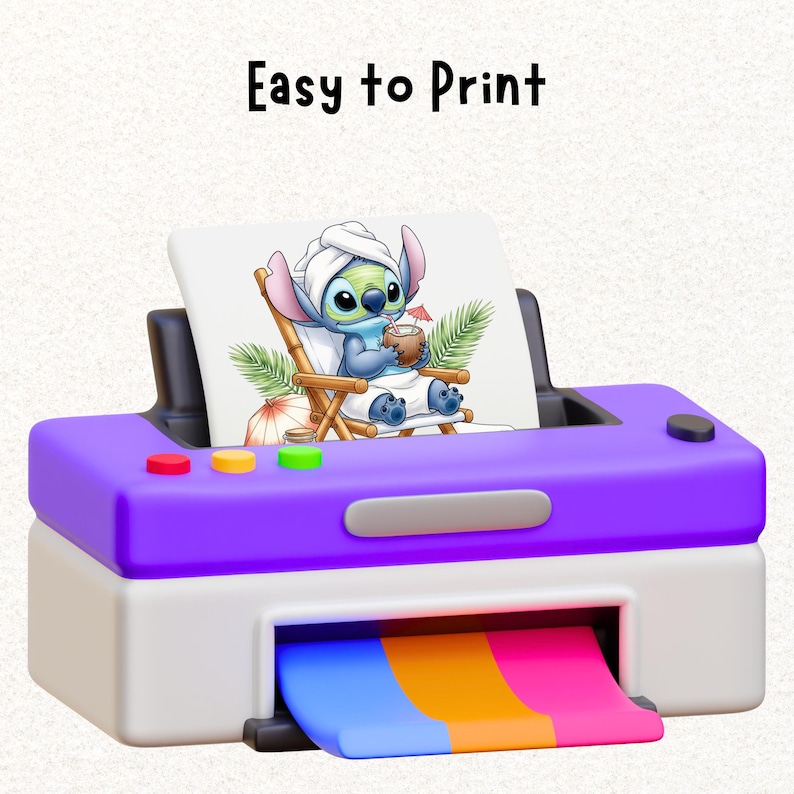 May include: A purple and white printer with a printed image of a cartoon character relaxing on a beach chair. The image has the text "Easy to Print" at the top. The printer is outputting a sheet with blue, orange, and pink stripes.