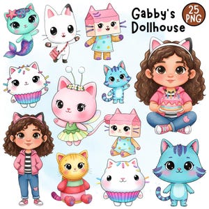 May include: A collection of colorful digital illustrations featuring characters from "Gabby's Dollhouse." The images include various cat-themed characters, a mermaid cat, and a girl holding a cake. The text "Gabby's Dollhouse" is displayed.