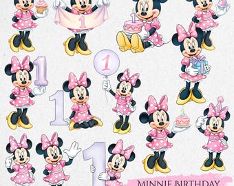 Op de afbeelding: Een verzameling Minnie Mouse-illustraties in verschillende poses, allemaal gekleed in roze polkadotjurken en strikken. Sommigen houden verjaardagstaarten, cadeaus en ballonnen met het nummer 1 vast. De tekst "Minnie Birthday" staat onderaan.