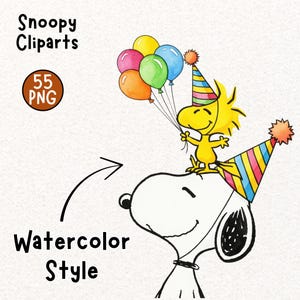 May include: Watercolor illustration of Snoopy with Woodstock. Snoopy is wearing a black collar and a party hat. Woodstock is holding colorful balloons and wearing a party hat. The image includes the text "Snoopy Cliparts", "55 PNG", and "Watercolor Style".