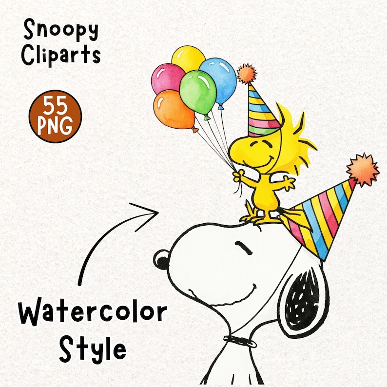 May include: Watercolor illustration of Snoopy with Woodstock. Snoopy is wearing a black collar and a party hat. Woodstock is holding colorful balloons and wearing a party hat. The image includes the text "Snoopy Cliparts", "55 PNG", and "Watercolor Style".
