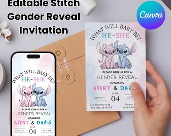Stitch & Angel Gender Reveal Invitation Editable Template, Printable Stitch Baby Shower Invites, Angel Stitch Gender Reveal, Canva Templates