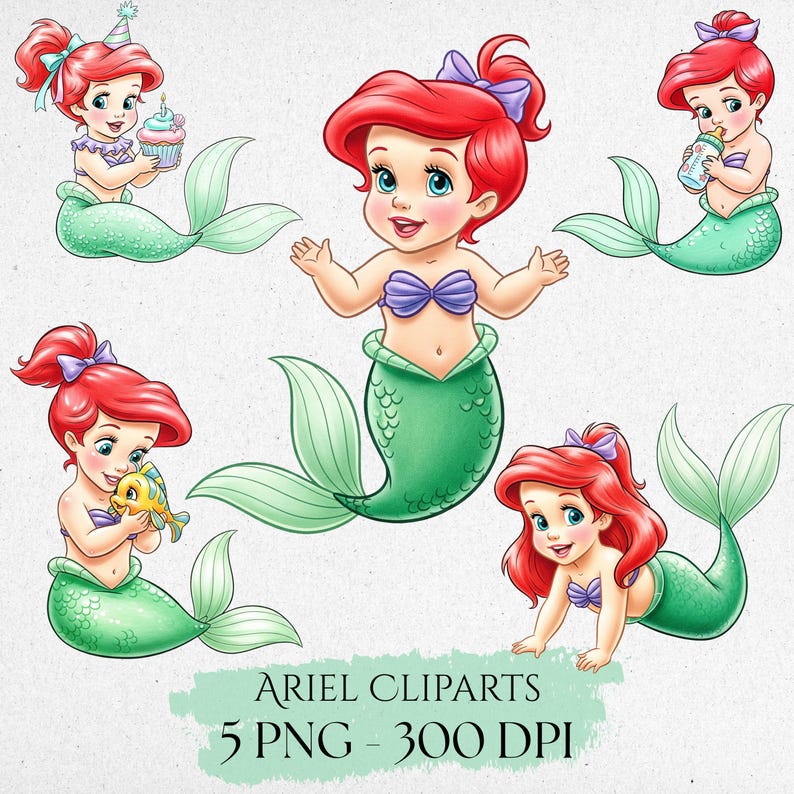 Cute Baby Princess Ariel Watercolor Clipart, Cute Ariel Clipart, Fairy ...