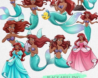 Schwarze Prinzessin Ariel Aquarell Clipart, Clipart Schwarzer Ariel, Märchenprinzessin, Prinzessin PNG, Kinderzimmer Clipart, PNG Schwarze Ariel
