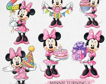 Op de afbeelding: Een verzameling Minnie Mouse-illustraties die een tweede verjaardag vieren. Minnie draagt een roze jurk met stippen en een strik. Ze houdt een nummer 2 ballon, een cupcake, een taart, een cadeau en een feesthoed vast.