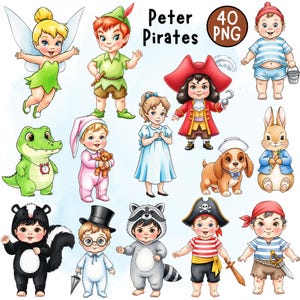 Cute Peterpan Watercolor Cliparts PNG, Cute Cartoon, Wendy, Tinkerbell, Captain Hook, Peter Pan Birthday Clipart, Hand Drawn, Commercial Use