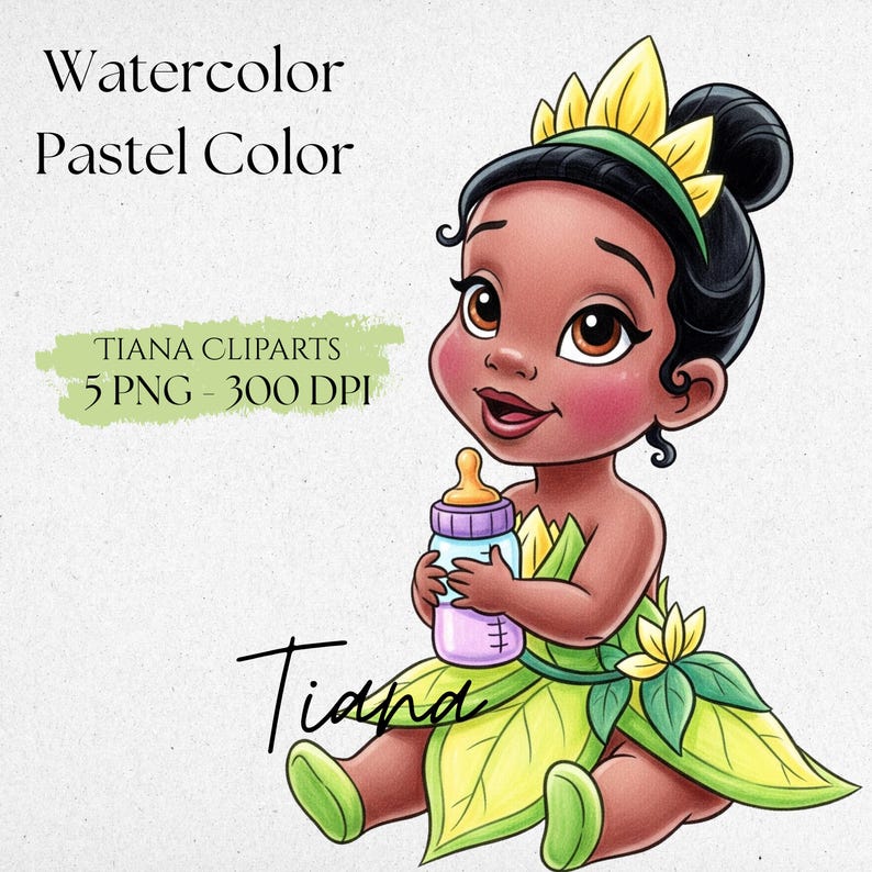 May include: Watercolor illustration of a baby girl with dark skin, wearing a green leaf dress and a yellow flower crown. She holds a purple and yellow baby bottle. Text reads "Watercolor Pastel Color" and "Tiana Cliparts".