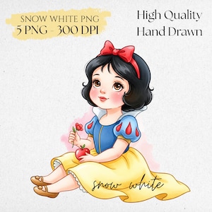 May include: A digital illustration of Snow White, a seated cartoon character with black hair, a red bow, and a yellow dress. She holds a red apple and a small red flower. Text includes "Snow White PNG" and "High Quality Hand Drawn."