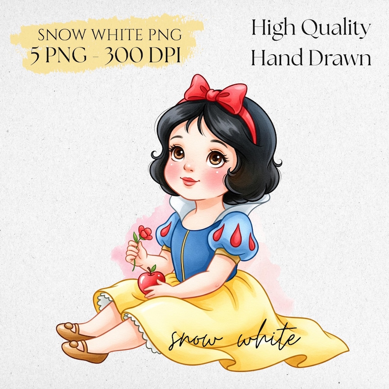 May include: A digital illustration of Snow White, a seated cartoon character with black hair, a red bow, and a yellow dress. She holds a red apple and a small red flower. Text includes "Snow White PNG" and "High Quality Hand Drawn."