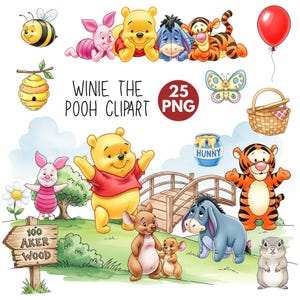 Baby Winnie the Pooh Watercolor Cliparts, Pooh Baby Shower, Classic Pooh PNG, Birthday Decorations, Hundred Acre Wood, Pooh and Friends PNG
