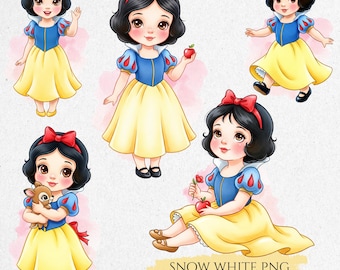 May include: A collection of five Snow White PNG images. Each image features a cartoon illustration of Snow White in her signature blue, yellow, and red outfit. The images show her in various poses, holding an apple and a deer.