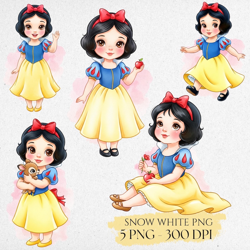 May include: A collection of five Snow White PNG images. Each image features a cartoon illustration of Snow White in her signature blue, yellow, and red outfit. The images show her in various poses, holding an apple and a deer.