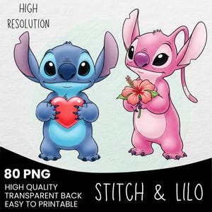 May include: Digital illustration of Stitch, a blue alien holding a red heart, and Angel, a pink alien holding a red flower. The image includes the text "Stitch & Lilo", "High Resolution", and "80 PNG".