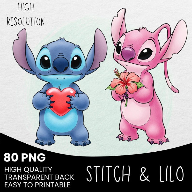 May include: Digital illustration of Stitch, a blue alien holding a red heart, and Angel, a pink alien holding a red flower. The image includes the text "Stitch & Lilo", "High Resolution", and "80 PNG".