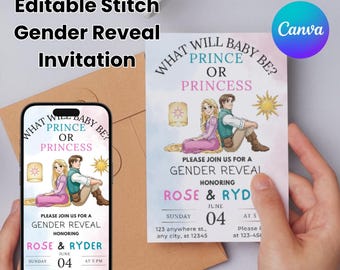 Plantilla editable para invitación de revelación de género de Rapunzel, invitaciones imprimibles para baby shower de Enredados, revelación de género de princesa princesa, plantillas de Canva