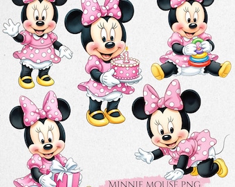 Imágenes prediseñadas de Minnie Mouse bebé, Minnie Mouse pequeña PNG, Minnie de cumpleaños, imágenes prediseñadas de Minnie acuarela, baby shower lindo, imágenes prediseñadas de Minnie PNG