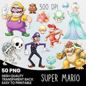 Pode incluir: Ilustra&ccedil;&otilde;es digitais de personagens do Super Mario, incluindo Wario, Waluigi, Bowser e a Princesa Rosalina. A imagem tamb&eacute;m apresenta v&aacute;rios cogumelos, uma flor e um esqueleto. O texto inclui "300 DPI", "50 PNG" e "Super Mario".