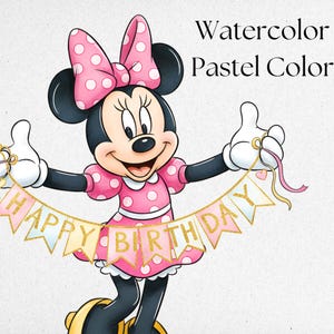 May include: Watercolor illustration of a cartoon character in a pink polka dot dress and bow, holding a banner that says "Happy Birthday" in gold letters. The text "Watercolor Pastel Color" is above the character.