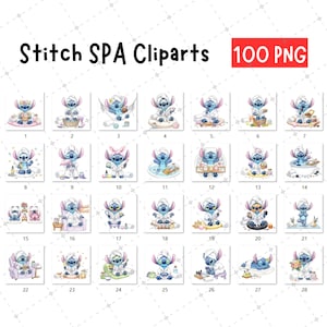 May include: A collection of 28 watercolor clip art images featuring the character Stitch in various spa-themed settings. Each image shows Stitch with a towel on its head, enjoying spa treatments. The text "Stitch SPA Cliparts 100 PNG" is at the top.