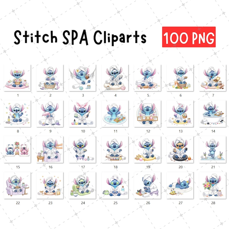 May include: A collection of 28 watercolor clip art images featuring the character Stitch in various spa-themed settings. Each image shows Stitch with a towel on its head, enjoying spa treatments. The text "Stitch SPA Cliparts 100 PNG" is at the top.
