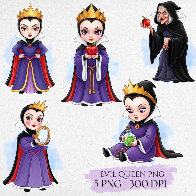 May include: Five digital illustrations of the Evil Queen, each in a purple dress and black cape, with a gold crown. One image shows the queen holding a red apple, and another shows her with a potion. The text "EVIL QUEEN PNG" is at the bottom.