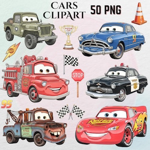 Può includere: Una collezione di clip art di auto dei cartoni animati. Include una jeep militare verde, un'auto classica blu con il numero 51, un'autopompa rossa, un'auto della polizia in bianco e nero, un carro attrezzi arrugginito e un'auto da corsa rossa con il numero 95.