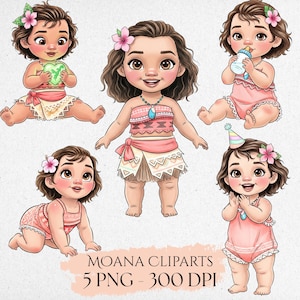 May include: Digital illustrations of a baby girl in various poses, dressed in pink and tan outfits with floral accents. The images include a baby holding a heart, a baby with a bottle, and a baby wearing a party hat. The text "MOANA CLIPARTS" is visible.