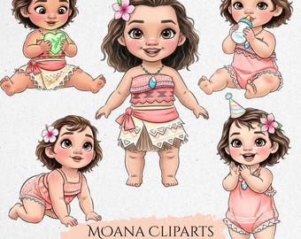 May include: Digital illustrations of a baby girl in various poses, dressed in pink and tan outfits with floral accents. The images include a baby holding a heart, a baby with a bottle, and a baby wearing a party hat. The text "MOANA CLIPARTS" is visible.