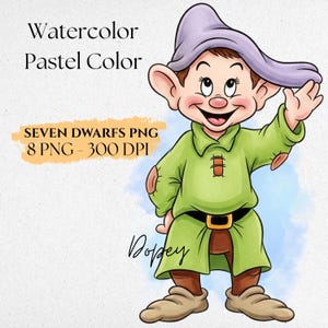 Pu&ograve; includere: Illustrazione ad acquerello del personaggio di Dopey di Biancaneve, con una tunica verde, pantaloni marroni e un cappello viola. L'immagine include il testo "Watercolor Pastel Color" e "SEVEN DWARFS PNG 8 PNG - 300 DPI".