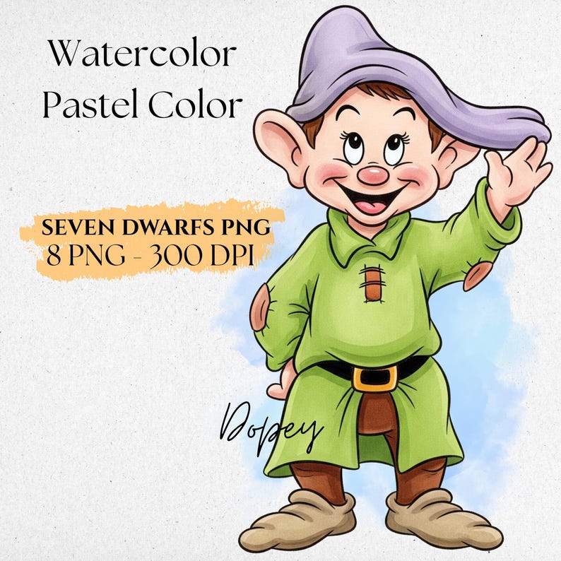 Pu&ograve; includere: Illustrazione ad acquerello del personaggio di Dopey di Biancaneve, con una tunica verde, pantaloni marroni e un cappello viola. L'immagine include il testo "Watercolor Pastel Color" e "SEVEN DWARFS PNG 8 PNG - 300 DPI".