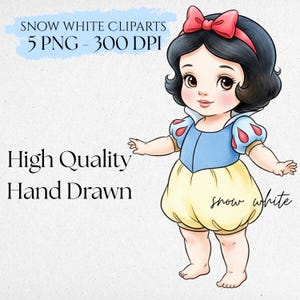 Puede incluir: Ilustraci&oacute;n digital de Blancanieves beb&eacute;. Lleva un corpi&ntilde;o azul, bombachos amarillos y un lazo rojo. El texto incluye "Snow White Cliparts", "5 PNG - 300 DPI", "High Quality Hand Drawn" y "snow white".