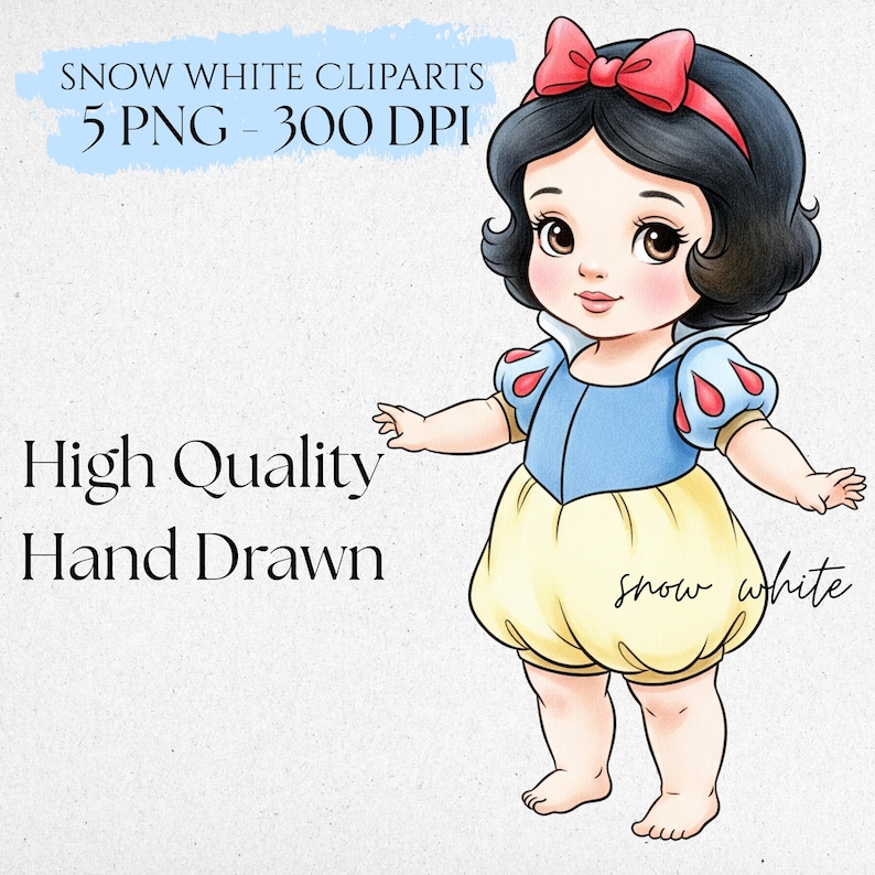 Puede incluir: Ilustraci&oacute;n digital de Blancanieves beb&eacute;. Lleva un corpi&ntilde;o azul, bombachos amarillos y un lazo rojo. El texto incluye "Snow White Cliparts", "5 PNG - 300 DPI", "High Quality Hand Drawn" y "snow white".
