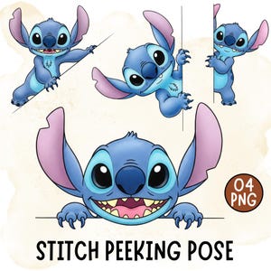 Puede incluir: Ilustración digital del personaje Stitch de Lilo & Stitch en varias poses. El alienígena azul se muestra mirando por encima y alrededor de líneas, con grandes orejas y una sonrisa. El texto "STITCH PEEKING POSE" está en la parte inferior.