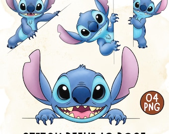 スティッチの覗き見水彩画クリップアート、4 PNG、かわいいリロ