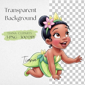 May include: A digital illustration of a baby girl in a green leaf-themed outfit, with a pink flower in her hair. The image includes the text "Tiana Cliparts" and "Transparent Background."
