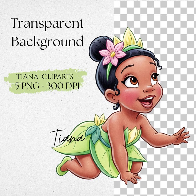 May include: A digital illustration of a baby girl in a green leaf-themed outfit, with a pink flower in her hair. The image includes the text "Tiana Cliparts" and "Transparent Background."