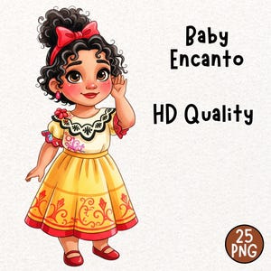 May include: A digital illustration of a young girl from the movie "Encanto." She wears a yellow dress with red accents and a red bow in her dark curly hair. The image includes the text "Baby Encanto HD Quality."