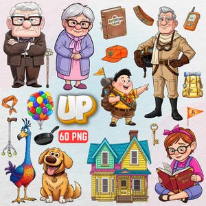 Puede incluir: Colección de ilustraciones de dibujos animados con personajes y elementos de la película "Up". Incluye personajes, una casa, un perro, un pájaro, globos y otros accesorios. La palabra "UP" se muestra de forma destacada.
