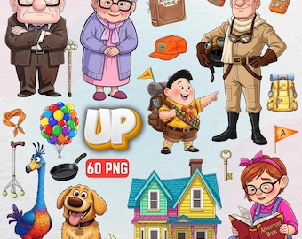 UP Cliparts Bundle, UP Poster, Up Birthday, Watercolour UP Clipart png, Carl, Ellie, Dug, Kevin, Russell, Balloon House, Commercial Use