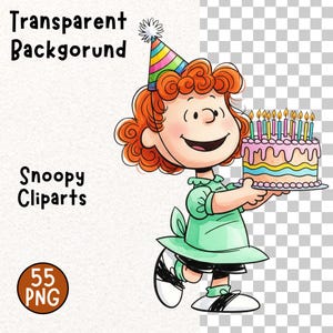 May include: A cartoon illustration of a girl with red curly hair wearing a party hat and a green dress, holding a birthday cake with lit candles. The image includes the text "Transparent Background" and "Snoopy Cliparts". A circular badge reads "55 PNG".