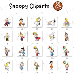 May include: A collection of Snoopy Cliparts in PNG format. The images feature Snoopy and other Peanuts characters celebrating birthdays. Each image includes a character with a birthday cake, balloons, or gifts. The text "Snoopy Cliparts" is at the top.