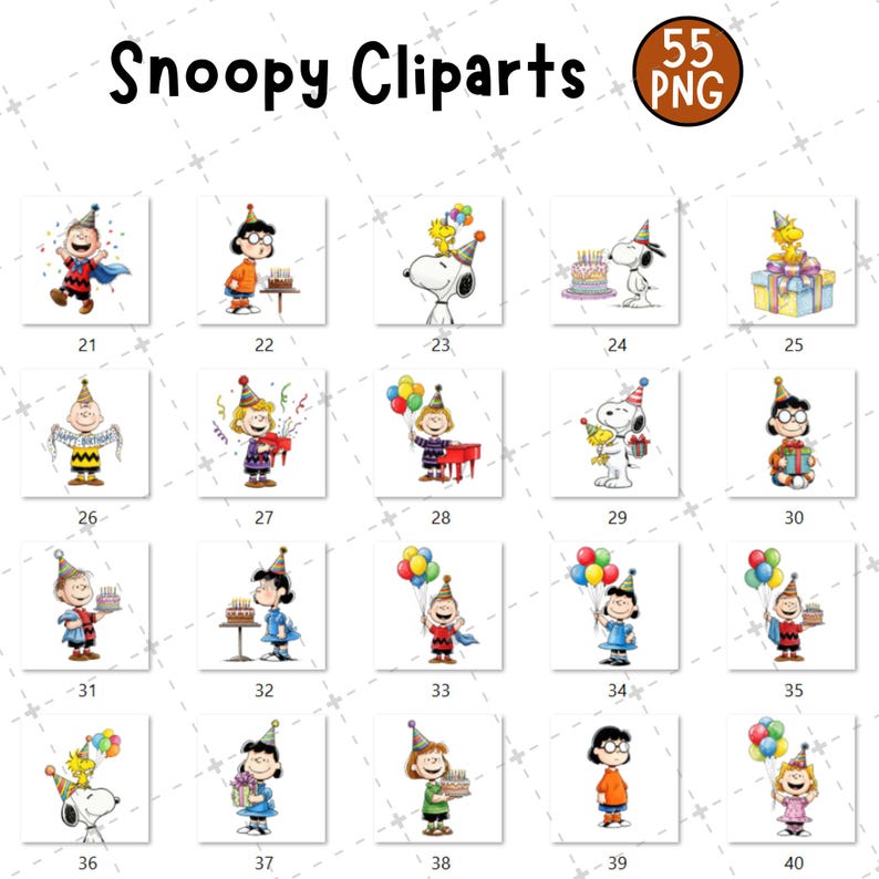 May include: A collection of Snoopy Cliparts in PNG format. The images feature Snoopy and other Peanuts characters celebrating birthdays. Each image includes a character with a birthday cake, balloons, or gifts. The text "Snoopy Cliparts" is at the top.