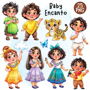 May include: A collection of nine colorful PNG digital illustrations featuring characters and a jaguar from the movie "Baby Encanto". The characters are depicted in various outfits and poses, with a blue butterfly and a cloud also included.