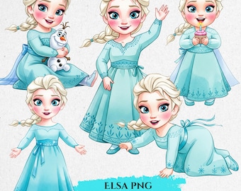 May include: Digital art featuring five illustrations of a cartoon character with blonde hair in a braid, wearing a light blue dress. One illustration includes a snowman. The text "ELSA PNG 5 PNG - 300 DPI" is at the bottom.